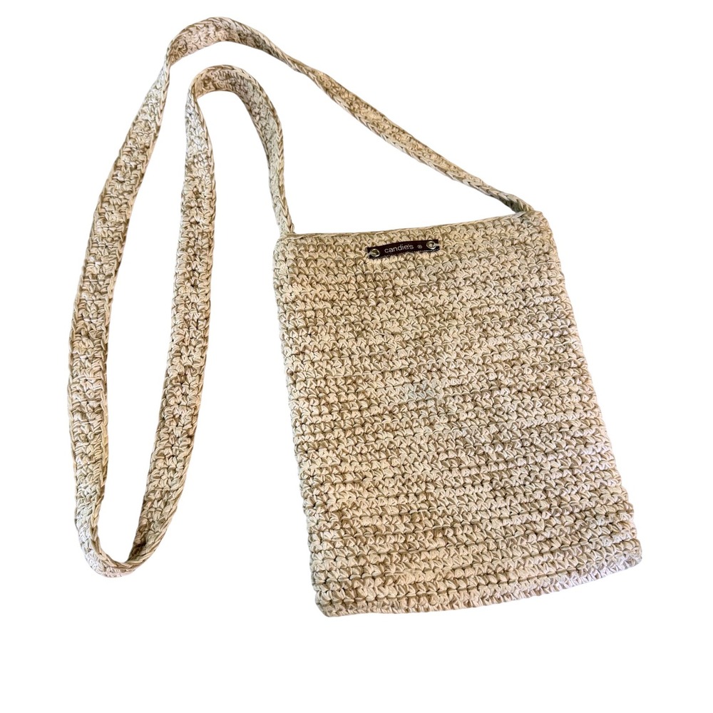 Y2K Candies Tan Crochet Woven Crossbody Bag Neutral Boho Festival Summer Purse